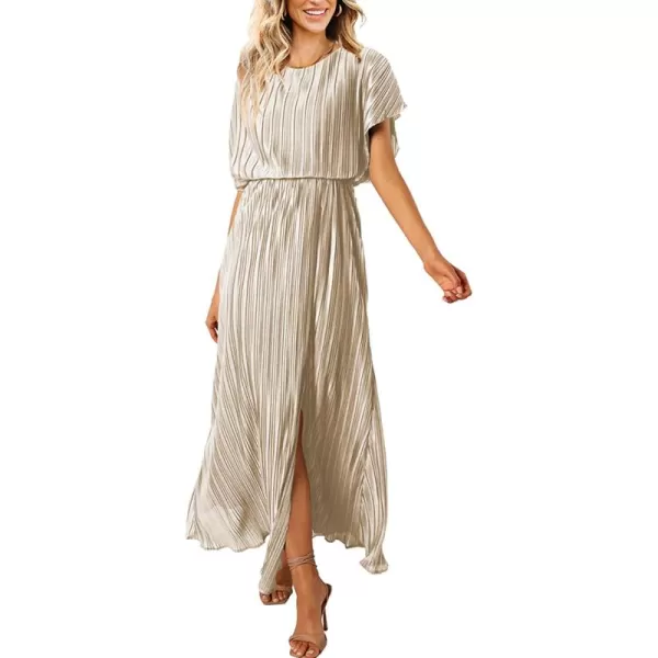 ECOWISH Womens Summer Maxi Dresses Crew Neck Ruffle Cocktail Dress Sexy Pleated Slit Long SundressesChampagne