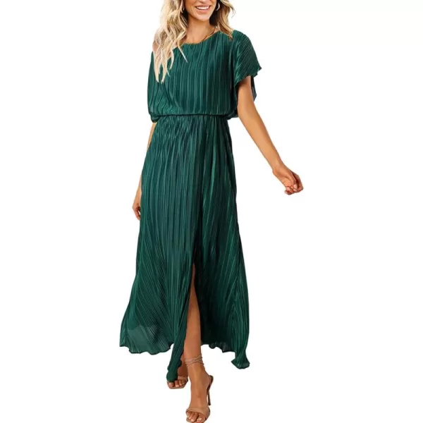 ECOWISH Womens Summer Maxi Dresses Crew Neck Ruffle Cocktail Dress Sexy Pleated Slit Long SundressesGreen