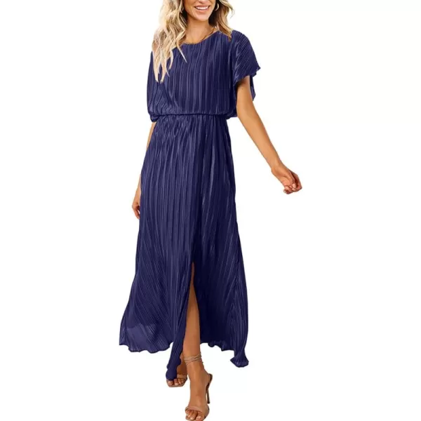 ECOWISH Womens Summer Maxi Dresses Crew Neck Ruffle Cocktail Dress Sexy Pleated Slit Long SundressesNavy Blue