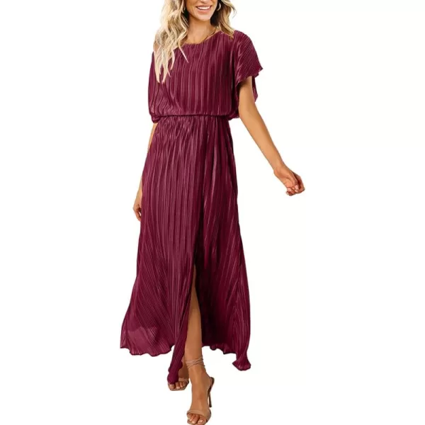 ECOWISH Womens Summer Maxi Dresses Crew Neck Ruffle Cocktail Dress Sexy Pleated Slit Long SundressesWine Red