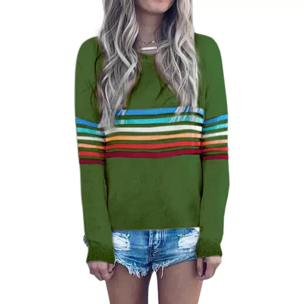 ECOWISH Womens Sweater Rainbow Colorful Striped Sweaters Long Sleeve Crew Neck Color Block Casual Pullover Blouse Tops01 Green