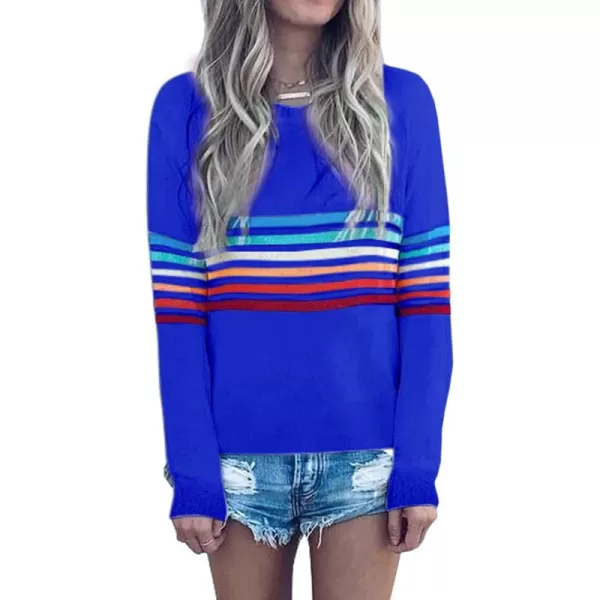 ECOWISH Womens Sweater Rainbow Colorful Striped Sweaters Long Sleeve Crew Neck Color Block Casual Pullover Blouse Tops01 Royal Blue