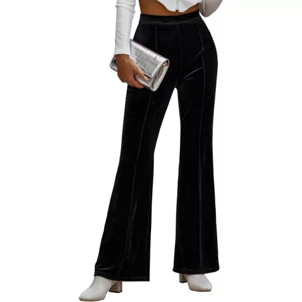 ECOWISH Womens Velvet Pants Elastic High Waist Palazzo Pants Casual Flare Long TrousersBlack