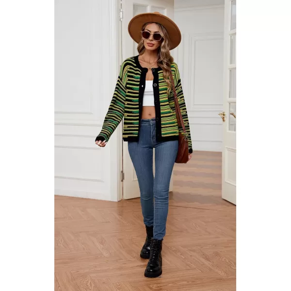 imageECOWISH Women Button Down Cardigan Fall Long Sleeve Crewneck Striped Open Front Cropped Sweater Casual Ribbed Knit Jacket403 Black