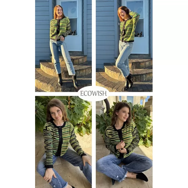 imageECOWISH Women Button Down Cardigan Fall Long Sleeve Crewneck Striped Open Front Cropped Sweater Casual Ribbed Knit Jacket403 Black