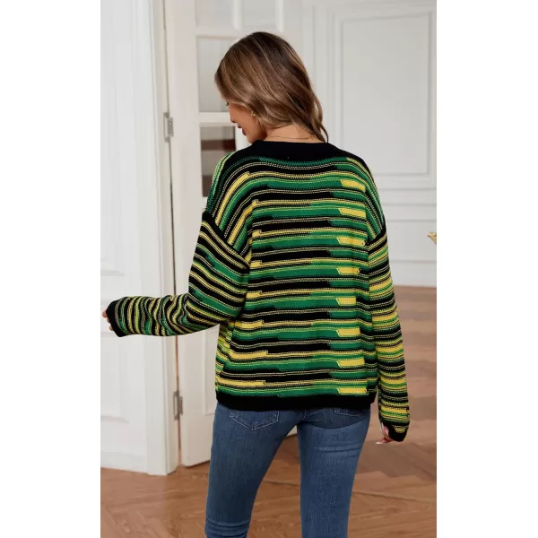 imageECOWISH Women Button Down Cardigan Fall Long Sleeve Crewneck Striped Open Front Cropped Sweater Casual Ribbed Knit Jacket403 Black