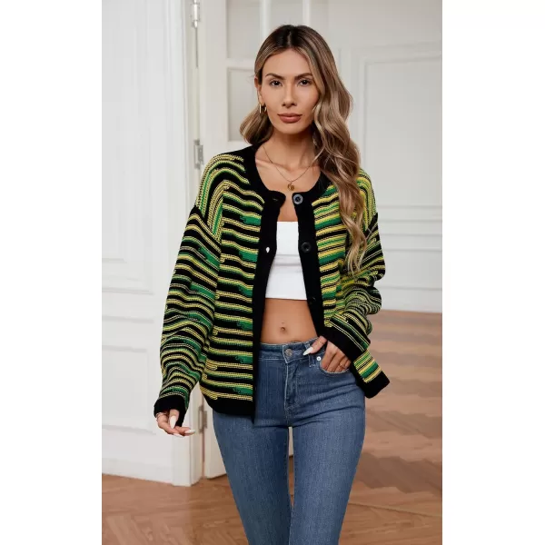 imageECOWISH Women Button Down Cardigan Fall Long Sleeve Crewneck Striped Open Front Cropped Sweater Casual Ribbed Knit Jacket403 Black
