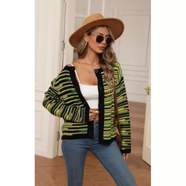 imageECOWISH Women Button Down Cardigan Fall Long Sleeve Crewneck Striped Open Front Cropped Sweater Casual Ribbed Knit Jacket403 Black