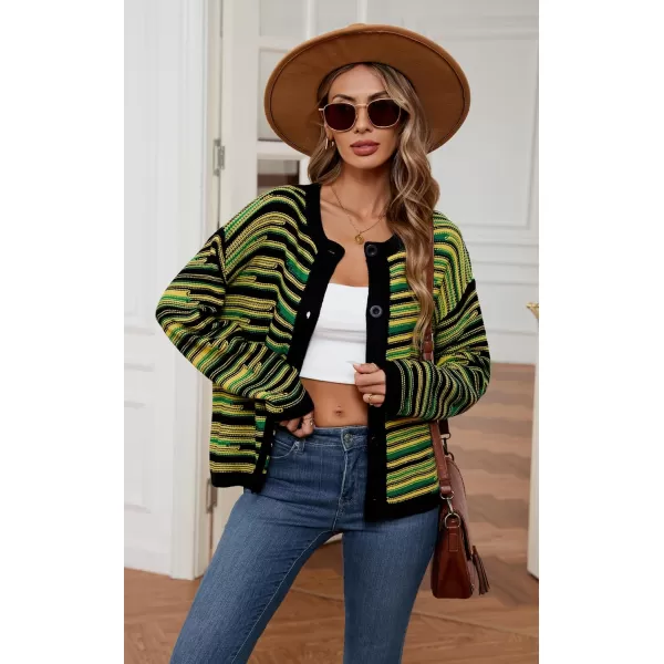 imageECOWISH Women Button Down Cardigan Fall Long Sleeve Crewneck Striped Open Front Cropped Sweater Casual Ribbed Knit Jacket403 Black