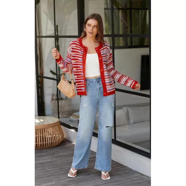 imageECOWISH Women Button Down Cardigan Fall Long Sleeve Crewneck Striped Open Front Cropped Sweater Casual Ribbed Knit Jacket403 Orange