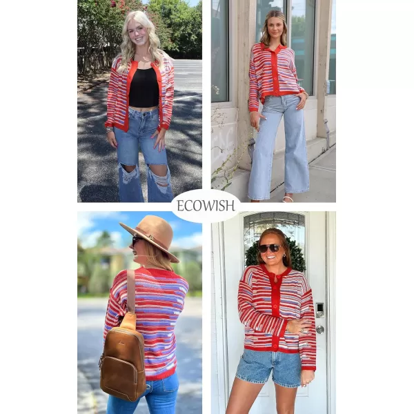 imageECOWISH Women Button Down Cardigan Fall Long Sleeve Crewneck Striped Open Front Cropped Sweater Casual Ribbed Knit Jacket403 Orange
