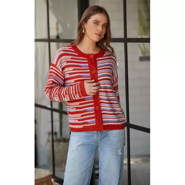 imageECOWISH Women Button Down Cardigan Fall Long Sleeve Crewneck Striped Open Front Cropped Sweater Casual Ribbed Knit Jacket403 Orange