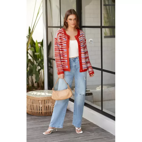 imageECOWISH Women Button Down Cardigan Fall Long Sleeve Crewneck Striped Open Front Cropped Sweater Casual Ribbed Knit Jacket403 Orange