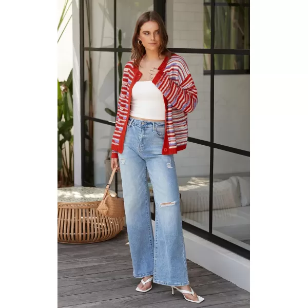 imageECOWISH Women Button Down Cardigan Fall Long Sleeve Crewneck Striped Open Front Cropped Sweater Casual Ribbed Knit Jacket403 Orange