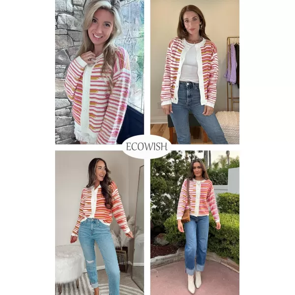 imageECOWISH Women Button Down Cardigan Fall Long Sleeve Crewneck Striped Open Front Cropped Sweater Casual Ribbed Knit Jacket403 White