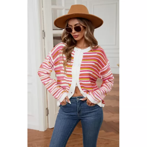 imageECOWISH Women Button Down Cardigan Fall Long Sleeve Crewneck Striped Open Front Cropped Sweater Casual Ribbed Knit Jacket403 White