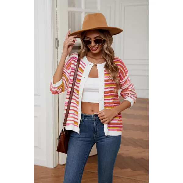 imageECOWISH Women Button Down Cardigan Fall Long Sleeve Crewneck Striped Open Front Cropped Sweater Casual Ribbed Knit Jacket403 White