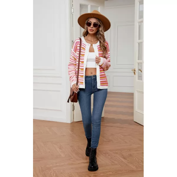 imageECOWISH Women Button Down Cardigan Fall Long Sleeve Crewneck Striped Open Front Cropped Sweater Casual Ribbed Knit Jacket403 White