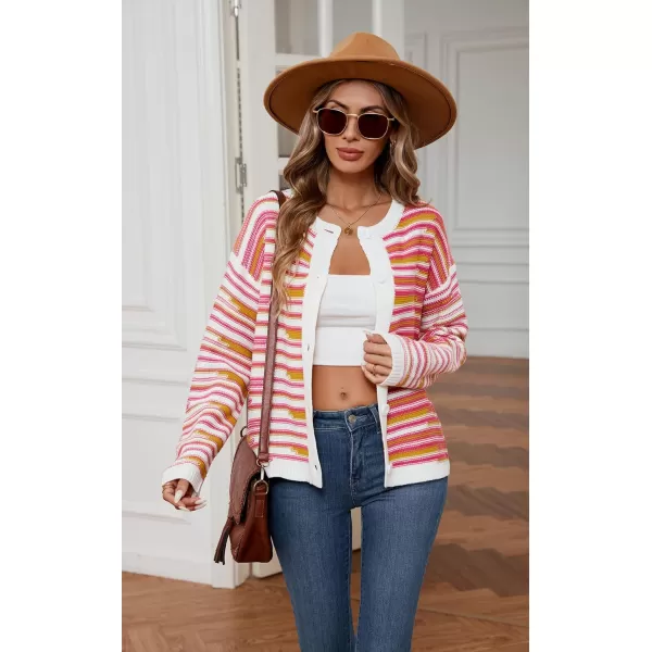 imageECOWISH Women Button Down Cardigan Fall Long Sleeve Crewneck Striped Open Front Cropped Sweater Casual Ribbed Knit Jacket403 White