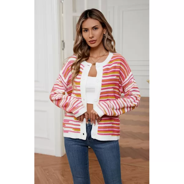 imageECOWISH Women Button Down Cardigan Fall Long Sleeve Crewneck Striped Open Front Cropped Sweater Casual Ribbed Knit Jacket403 White