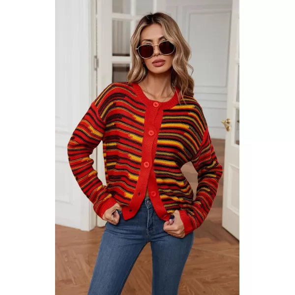 imageECOWISH Women Button Down Cardigan Fall Long Sleeve Crewneck Striped Open Front Cropped Sweater Casual Ribbed Knit Jacket403 Yellow
