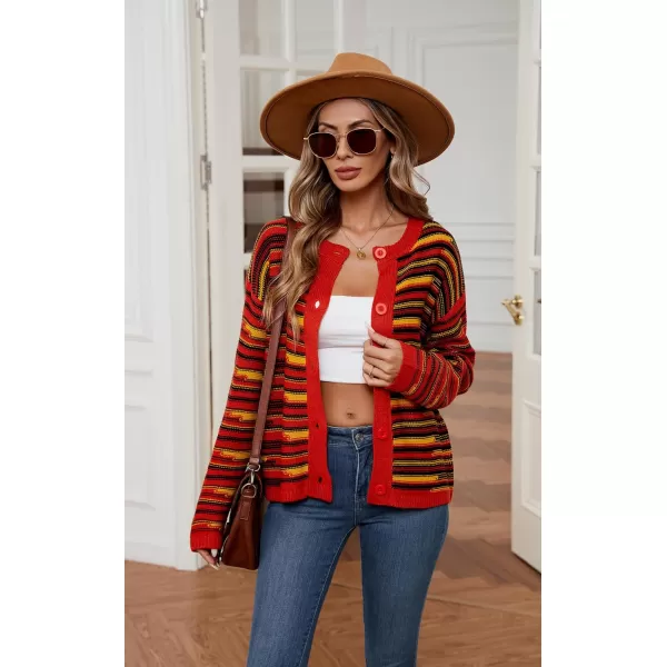 imageECOWISH Women Button Down Cardigan Fall Long Sleeve Crewneck Striped Open Front Cropped Sweater Casual Ribbed Knit Jacket403 Yellow