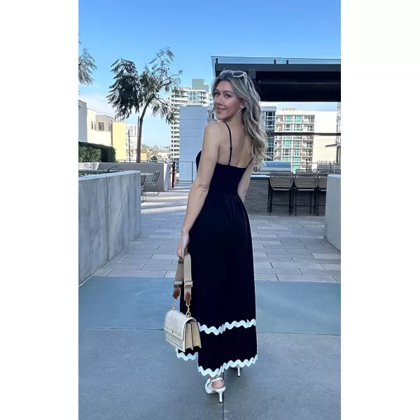 imageECOWISH Women Summer Dresses 2024 Spaghetti Strap Rickrack Sleeveless Long Casual Backless Beach ALine Maxi SundressBlack