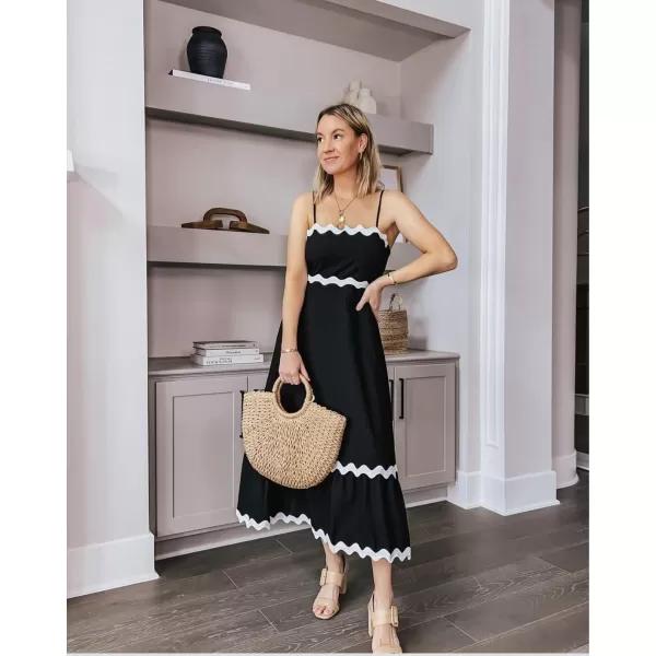 imageECOWISH Women Summer Dresses 2024 Spaghetti Strap Rickrack Sleeveless Long Casual Backless Beach ALine Maxi SundressBlack