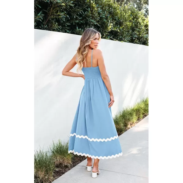 imageECOWISH Women Summer Dresses 2024 Spaghetti Strap Rickrack Sleeveless Long Casual Backless Beach ALine Maxi SundressLight Blue