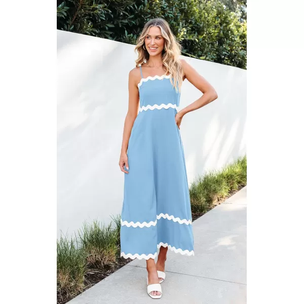 imageECOWISH Women Summer Dresses 2024 Spaghetti Strap Rickrack Sleeveless Long Casual Backless Beach ALine Maxi SundressLight Blue