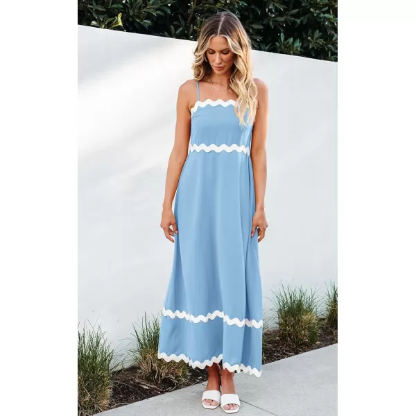 imageECOWISH Women Summer Dresses 2024 Spaghetti Strap Rickrack Sleeveless Long Casual Backless Beach ALine Maxi SundressLight Blue