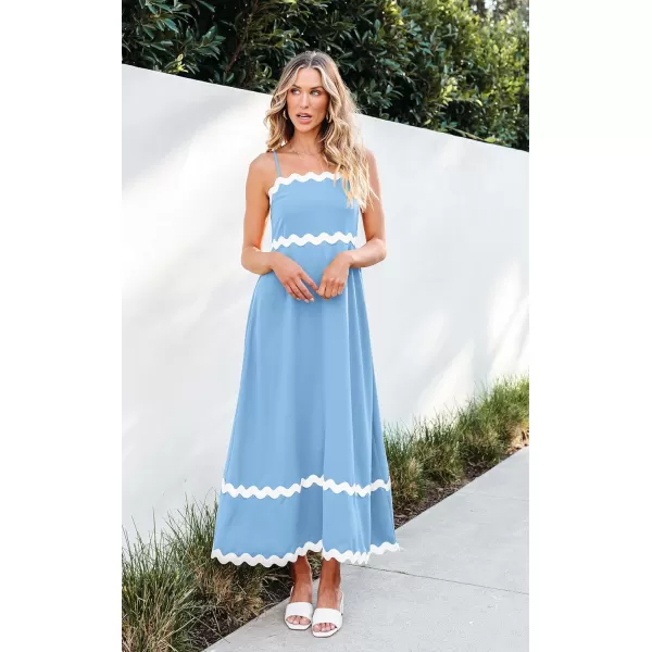 imageECOWISH Women Summer Dresses 2024 Spaghetti Strap Rickrack Sleeveless Long Casual Backless Beach ALine Maxi SundressLight Blue