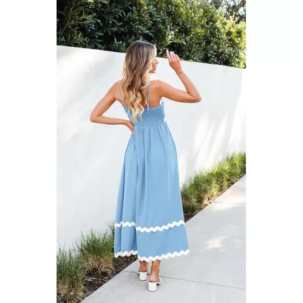 imageECOWISH Women Summer Dresses 2024 Spaghetti Strap Rickrack Sleeveless Long Casual Backless Beach ALine Maxi SundressLight Blue