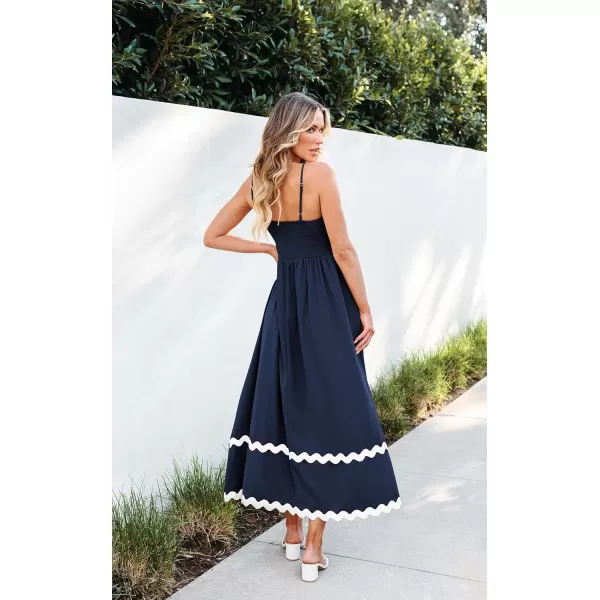 imageECOWISH Women Summer Dresses 2024 Spaghetti Strap Rickrack Sleeveless Long Casual Backless Beach ALine Maxi SundressNavy