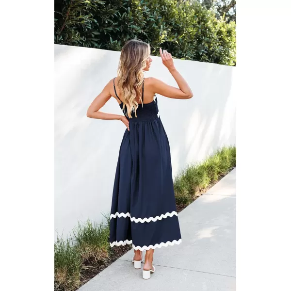 imageECOWISH Women Summer Dresses 2024 Spaghetti Strap Rickrack Sleeveless Long Casual Backless Beach ALine Maxi SundressNavy