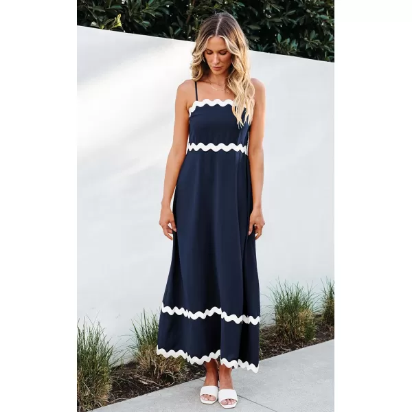imageECOWISH Women Summer Dresses 2024 Spaghetti Strap Rickrack Sleeveless Long Casual Backless Beach ALine Maxi SundressNavy