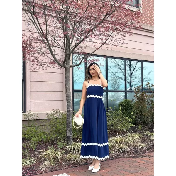 imageECOWISH Women Summer Dresses 2024 Spaghetti Strap Rickrack Sleeveless Long Casual Backless Beach ALine Maxi SundressNavy