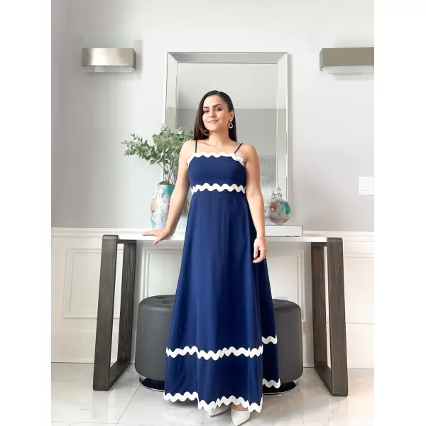 imageECOWISH Women Summer Dresses 2024 Spaghetti Strap Rickrack Sleeveless Long Casual Backless Beach ALine Maxi SundressNavy