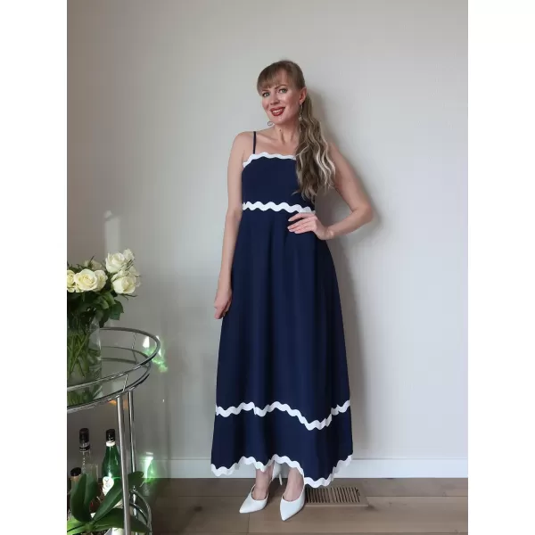 imageECOWISH Women Summer Dresses 2024 Spaghetti Strap Rickrack Sleeveless Long Casual Backless Beach ALine Maxi SundressNavy