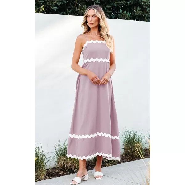 imageECOWISH Women Summer Dresses 2024 Spaghetti Strap Rickrack Sleeveless Long Casual Backless Beach ALine Maxi SundressPink