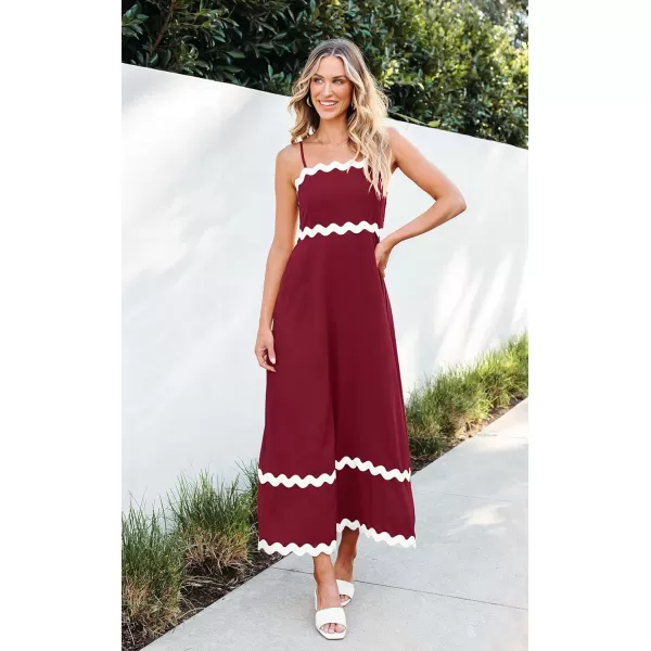 imageECOWISH Women Summer Dresses 2024 Spaghetti Strap Rickrack Sleeveless Long Casual Backless Beach ALine Maxi SundressRed