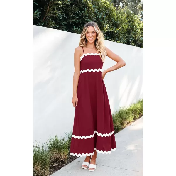 imageECOWISH Women Summer Dresses 2024 Spaghetti Strap Rickrack Sleeveless Long Casual Backless Beach ALine Maxi SundressRed