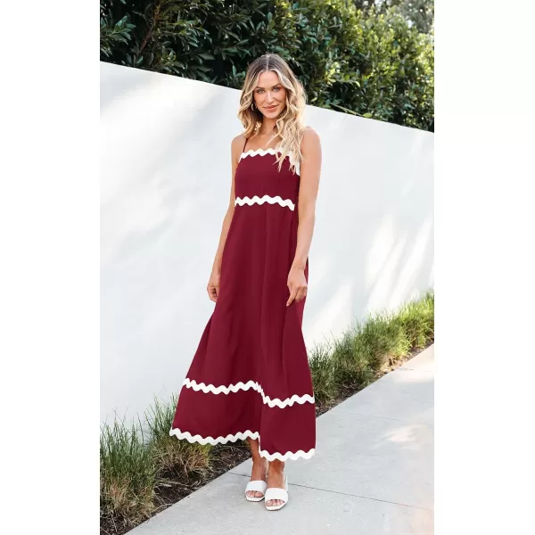 imageECOWISH Women Summer Dresses 2024 Spaghetti Strap Rickrack Sleeveless Long Casual Backless Beach ALine Maxi SundressRed