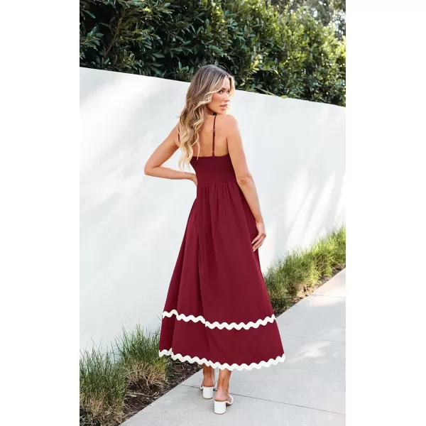 imageECOWISH Women Summer Dresses 2024 Spaghetti Strap Rickrack Sleeveless Long Casual Backless Beach ALine Maxi SundressRed