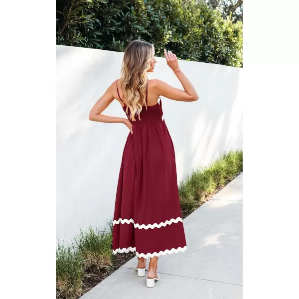 imageECOWISH Women Summer Dresses 2024 Spaghetti Strap Rickrack Sleeveless Long Casual Backless Beach ALine Maxi SundressRed