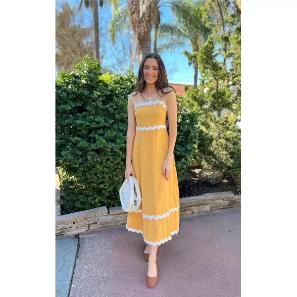 imageECOWISH Women Summer Dresses 2024 Spaghetti Strap Rickrack Sleeveless Long Casual Backless Beach ALine Maxi SundressYellow