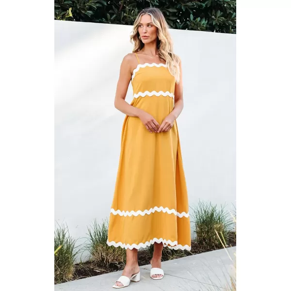 imageECOWISH Women Summer Dresses 2024 Spaghetti Strap Rickrack Sleeveless Long Casual Backless Beach ALine Maxi SundressYellow