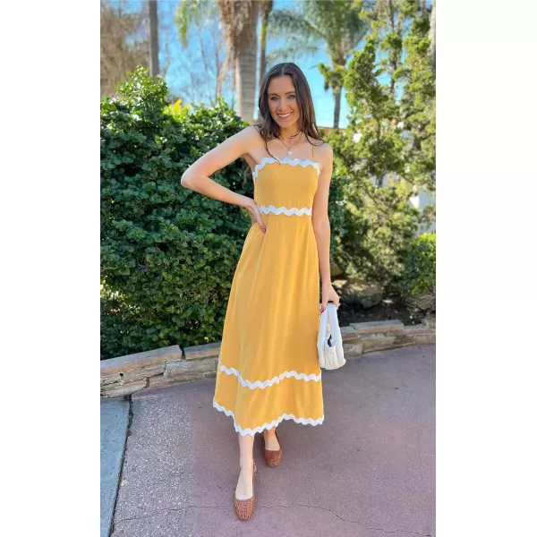 imageECOWISH Women Summer Dresses 2024 Spaghetti Strap Rickrack Sleeveless Long Casual Backless Beach ALine Maxi SundressYellow