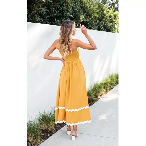 imageECOWISH Women Summer Dresses 2024 Spaghetti Strap Rickrack Sleeveless Long Casual Backless Beach ALine Maxi SundressYellow