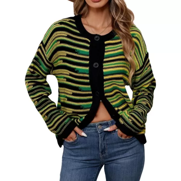 imageECOWISH Women Button Down Cardigan Fall Long Sleeve Crewneck Striped Open Front Cropped Sweater Casual Ribbed Knit Jacket403 Black